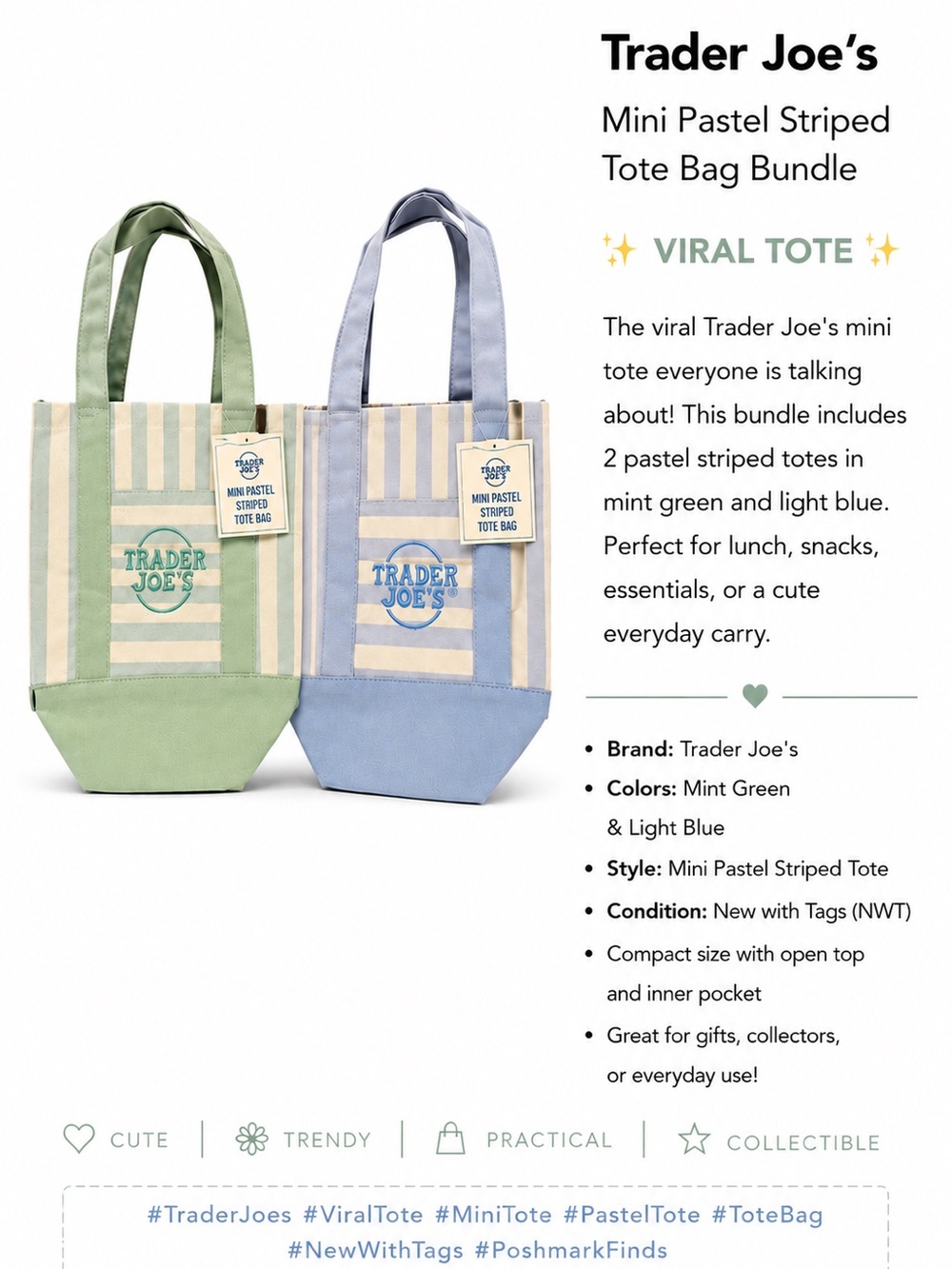 Trader Joe's Mint Green Mini Pastel Striped Tote Bag